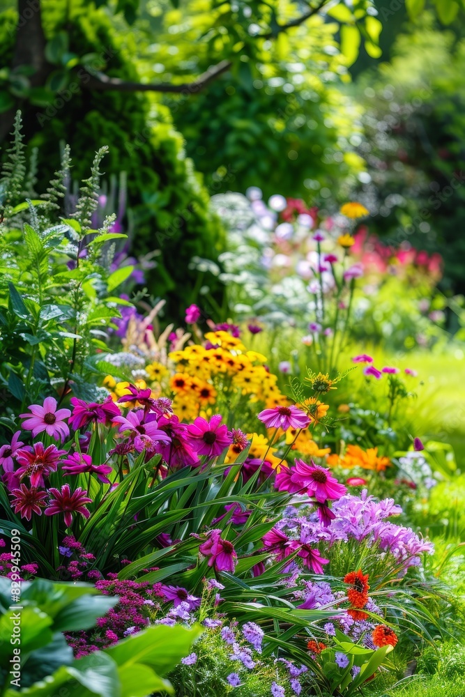 A vibrant spring garden in full bloom with a variety of flowers and lush greenery, capturing the beauty of nature A vibrant spring garden in full bloom with a variety of flowers and lush greenery, capturing the beauty of nature