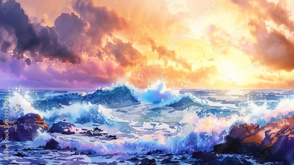ocean waves crashing on rocky shore at sunset dramatic seascape watercolor painting