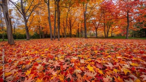 A serene autumn landscape with a carpet of fallen leaves and trees in vibrant fall colors