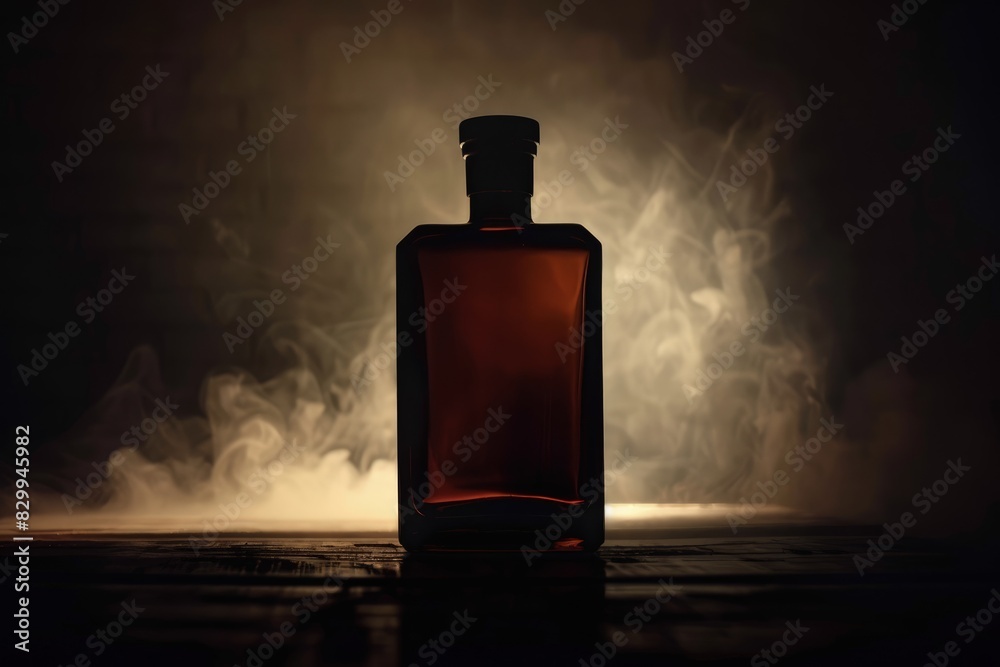 a silhouette of the no-label whiskey bottle shrouded in darkness, with hints of smoke and amber hues, sparking curiosity and anticipation among viewers