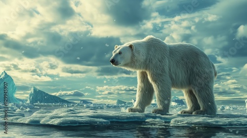 Majestic Polar Bear Standing on Ice Floating in Arctic Waters, Serene Natural Glacial Environment, Perfect for Wildlife Conservation Posters