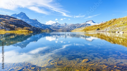 A tranquil mountain lake with clear water reflecting the surrounding peaks and a bright blue sky