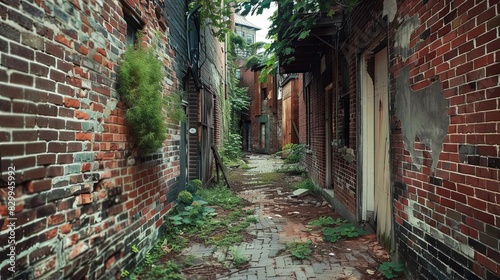 old brick alleyway with poor houses urban decay photo