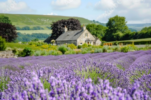 A picturesque scene of a lavender field in full bloom with a quaint farmhouse in the background, capturing rural charm