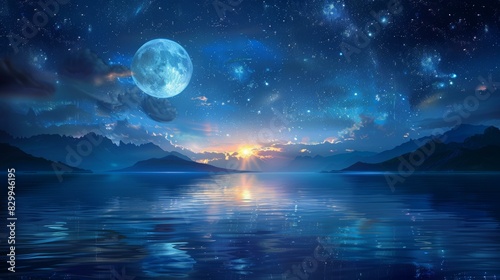 Night Sky and Moonbeams Dancing on Tranquil Lake