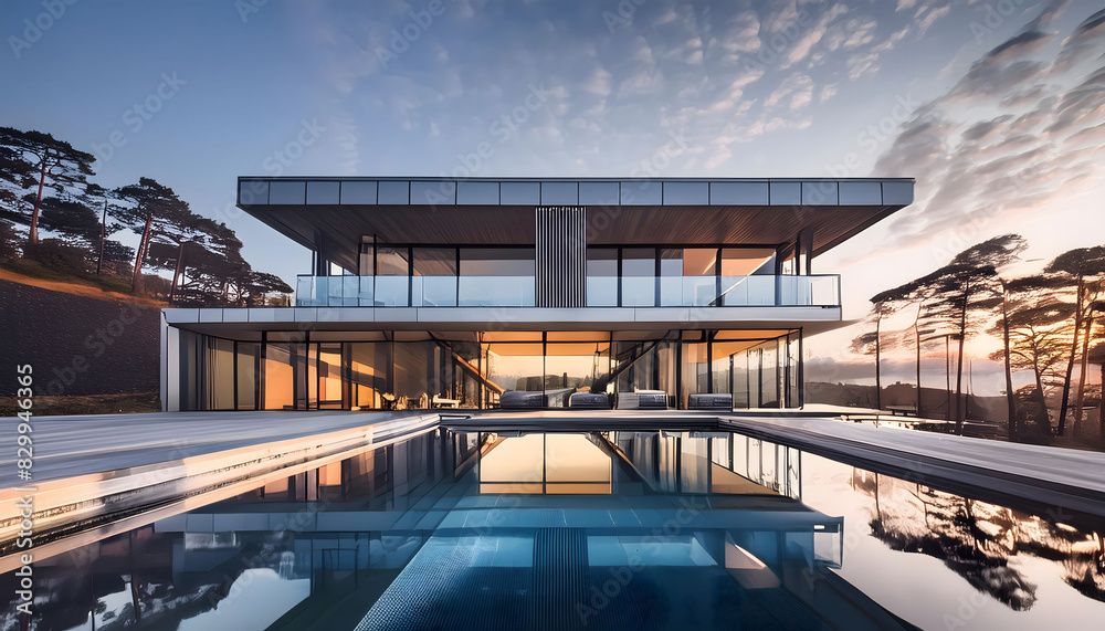 Fototapeta premium Modern luxury building made of glass and metal at sunset