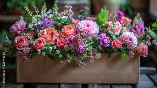 A box of flowers with a variety of colors. The flowers are arranged in a way that creates a sense of harmony and balance 