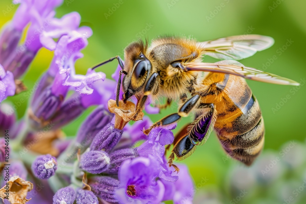 A detailed macro shot of a honeybee collecting nectar from a flower, highlighting the intricate beauty of nature