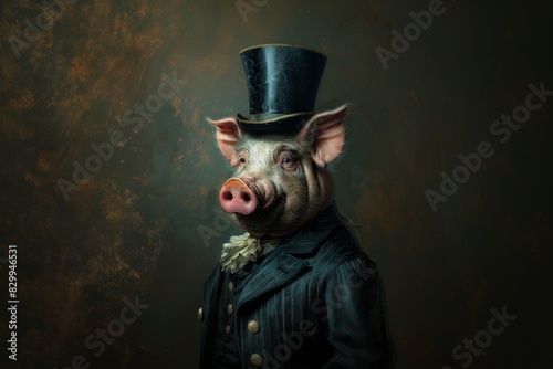 Anthropomorphic Pig in Victorian Attire Posing Against a Dark Background