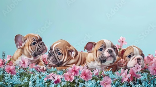 A trio of bulldog puppies tumbling and playing with each other on a soft  grassy lawn