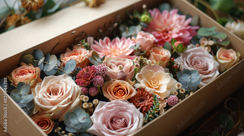 A box of flowers with a variety of colors. The flowers are arranged in a way that creates a sense of harmony and balance
A box of flowers with a variety of colors. The flowers are arranged in a way that creates a sense of harmony and balance