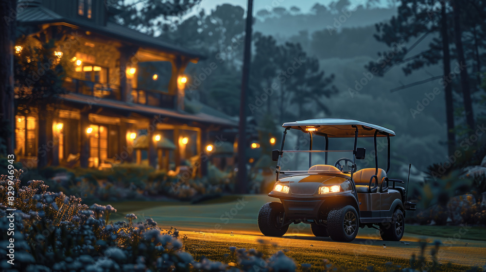 A golden luxurygolf cart stands on the golf course against the background of palm trees. sports and recreation. Against the backdrop of a hotel or spa restaurant, a huge luxury villa glows at night. 