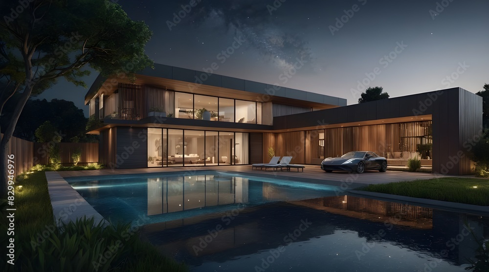 3d rendering of modern cozy house with parking and pool 3d rendering of modern cozy house with parking and pool
