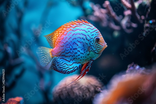 Dreamy discus fish (symphysodon aequifasciatus) displaying gorgeous color patterns in aquarium
