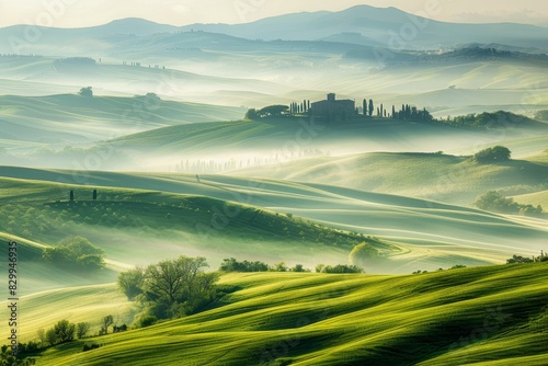 A serene landscape of rolling hills covered in morning mist  creating a dreamy and ethereal atmosphere