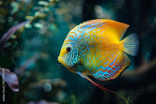 Majestic discus fish (symphysodon aequifasciatus) showing striking color patterns in aquarium