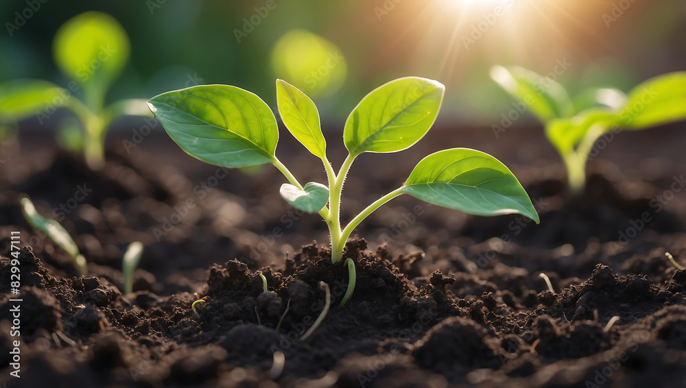 World environment day, A vibrant green seedling with multiple leaves growing in rich, dark soil, illuminated by warm sunlight in a blurred background
World environment day, A vibrant green seedling with multiple leaves growing in rich, dark soil, illuminated by warm sunlight in a blurred background
