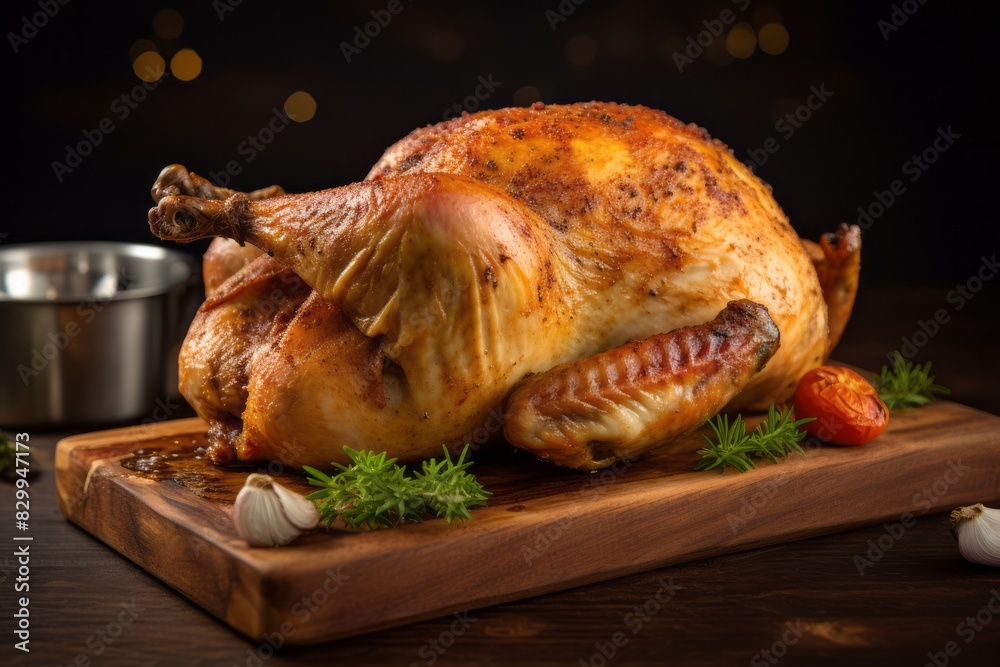 Delicious roast chicken on a wooden board against a galvanized steel background Delicious roast chicken on a wooden board against a galvanized steel background
