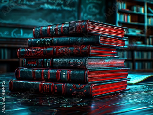 A whimsical stack of children s books in a classroom setting, with a chalkboard in the background for banner copy space