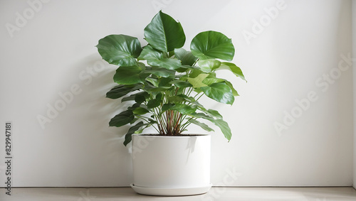 a potted Alocasia plant with dark green leaves and a white pot.