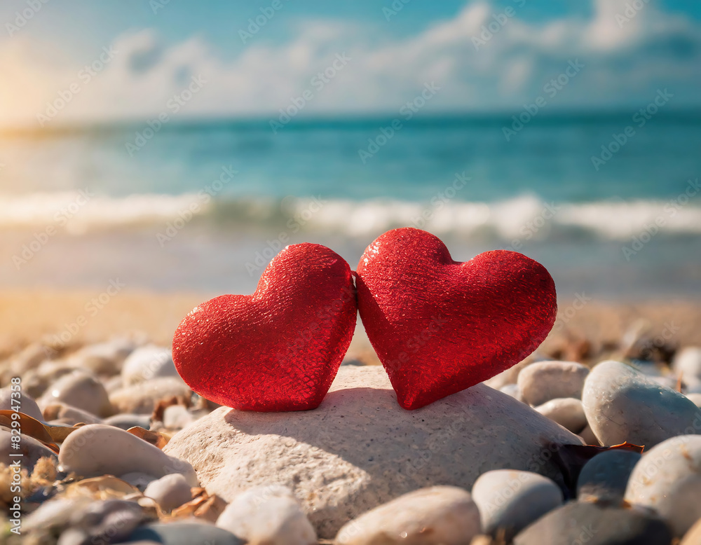 Fototapeta premium Two red hearts on the summer beach at sunset. Honey moon, holiday, Love, Wedding and Valentines day concept