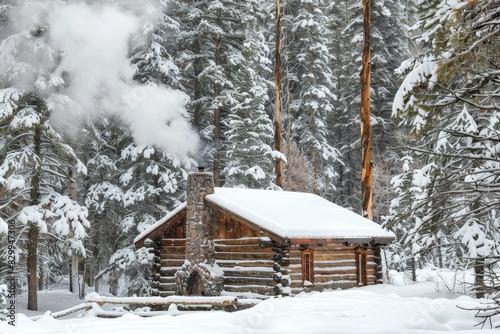 A cozy winter cabin in the woods, with smoke rising from the chimney and snow-covered trees all around