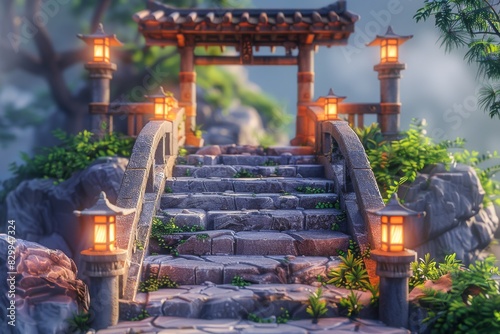 Serene Early Morning in a Japanese Garden With Illuminated Stone Steps