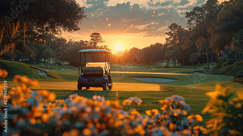 A luxury golf cart stands on the golf course against the background of palm trees and sunset. Sports and recreation. Against the backdrop of a hotel or spa restaurant. generative ai