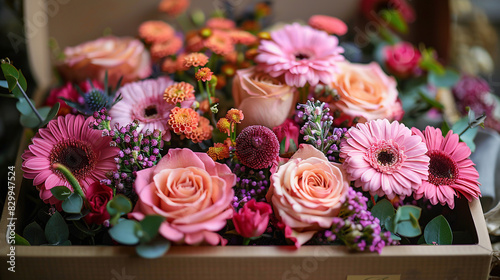 A box of flowers with a variety of colors. The flowers are arranged in a way that creates a sense of harmony and balance 