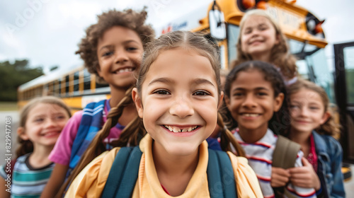 Joyful Journeys, Cheerful Children Gather by the School Bus