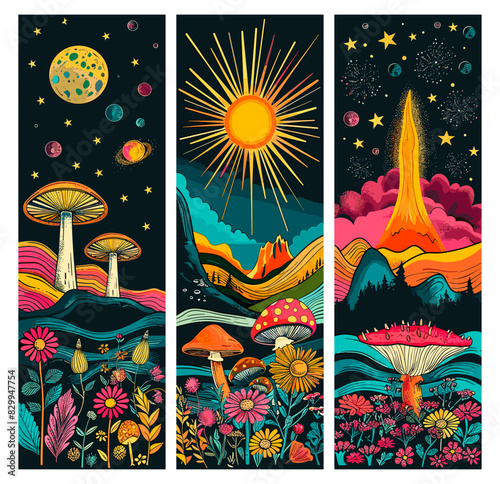 Groovy hippie posters 70s cartoon vector set. Mushrooms flowers meadow field mountains sun space fly agaric planets psychedelic landscape funk illustrations retro concepts