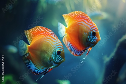 Enigmatic discus fish (symphysodon aequifasciatus) showing striking color patterns in aquarium photo