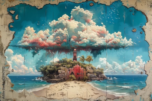 Vibrant Mural of a Tropical Island Lighthouse During a Serene Afternoon