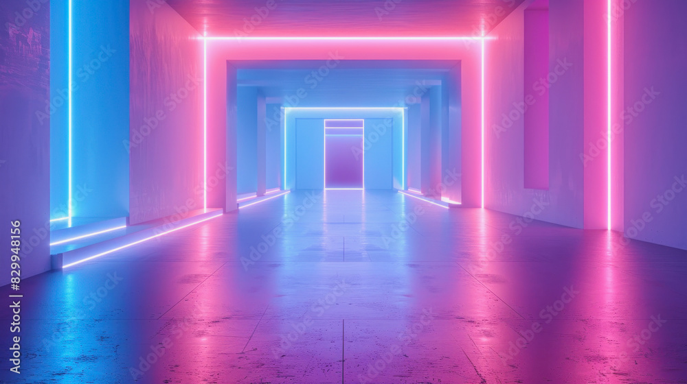 wide concrete room with bright neon lighting in blue and pink color wide concrete room with bright neon lighting in blue and pink color