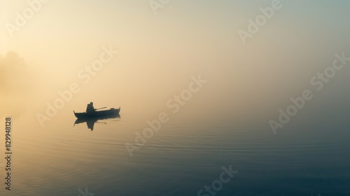 A tranquil scene of a fisherman in a small boat on a misty lake at dawn, embodying calmness and patience photo