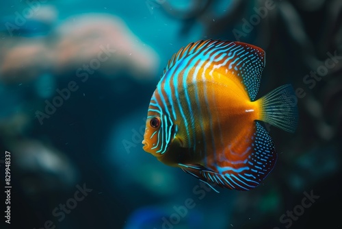 Enigmatic aquatic beauty. Discus fish (symphysodon aequifasciatus) featuring stunning color patterns in aquarium photo