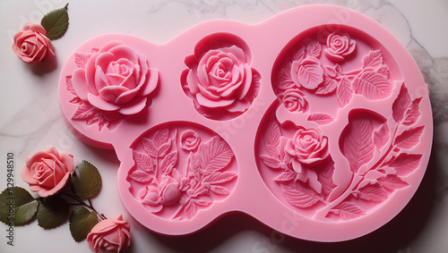 A pink silicone mold with various rose and leaf designs, and several small pink silicone roses scattered around it. photo