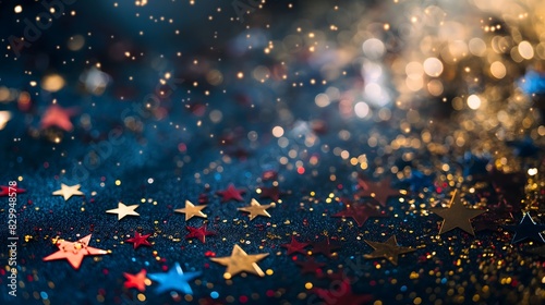 Glittering stars and confetti on a dark background, creating a dynamic and celebratory atmosphere photo