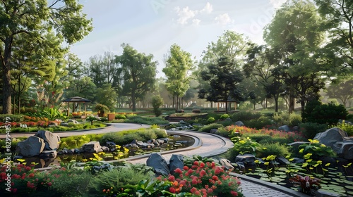 A beautiful park with a pond, flowers, and a stone path