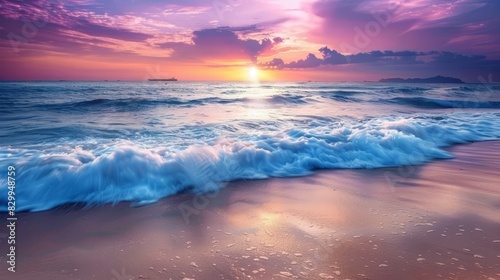 A tranquil beach sunset with soft waves and a colorful sky  capturing the serene beauty of the evening