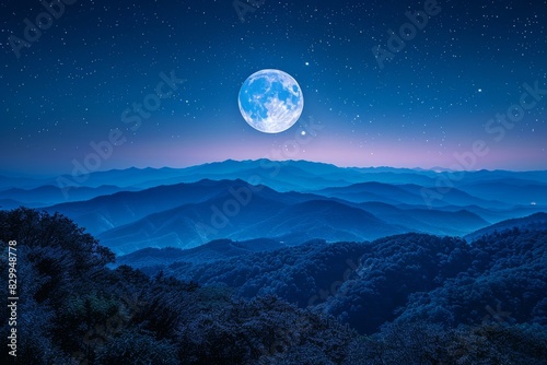 Bright Full Moon Over Majestic Blue Mountains at Nighttime