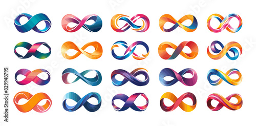 Infinity logo cartoon style vector set. Endless no limit eternal unlimited cyclical repetition symbol isolated on white background