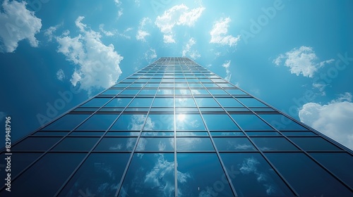 A tall skyscraper made of glass and steel reaches for the sky  its windows reflecting the sun and clouds.