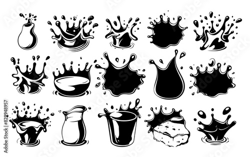 Ink splashes black milk or water drops logos sketch vector set. Cream dairy labels glass jug stains smudges blots liquid, cheese curd yogurt fresh food icons isolated on white background