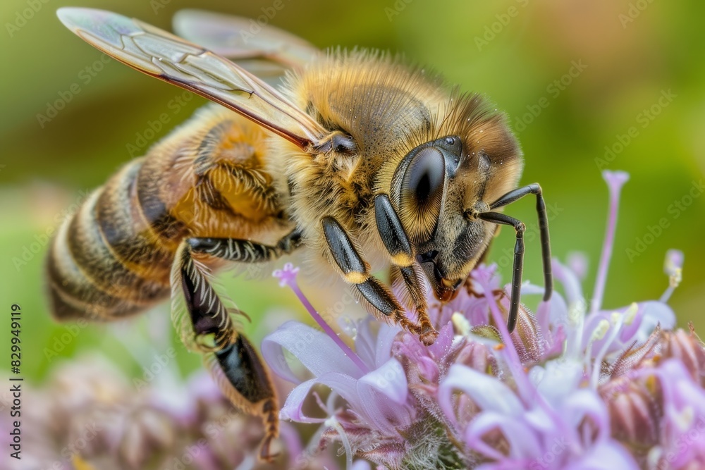 A detailed macro shot of a honeybee collecting nectar from a flower, highlighting the intricate beauty of nature A detailed macro shot of a honeybee collecting nectar from a flower, highlighting the intricate beauty of nature