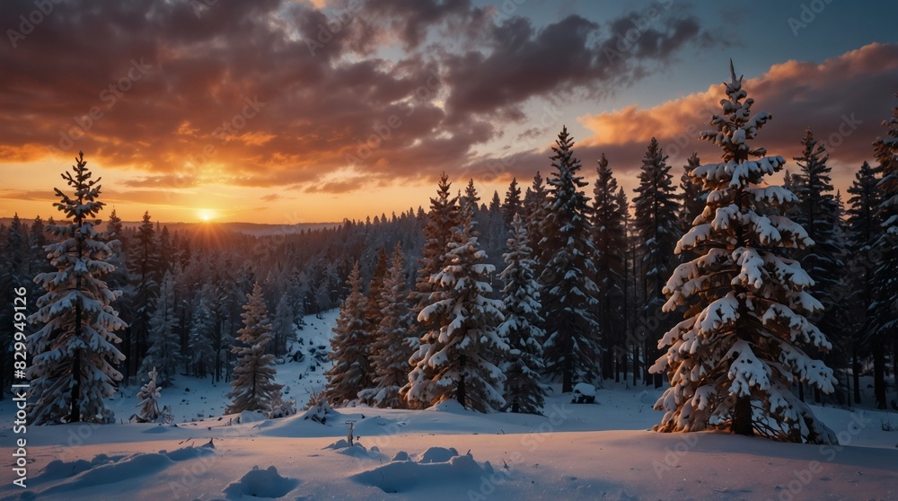 Snowy pine forest at sunset, Winter landscape with colorful sky.