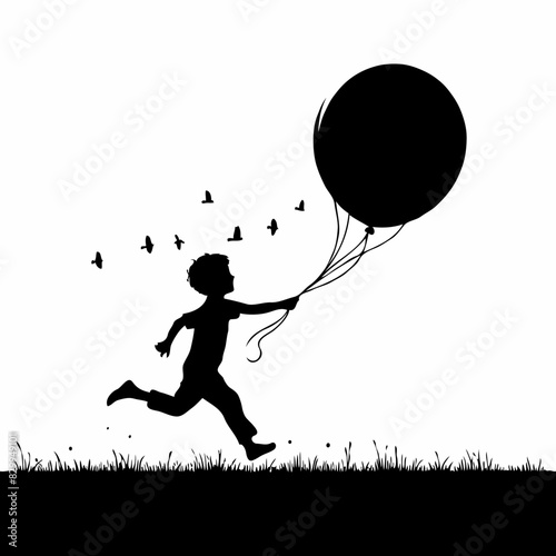Whimsical Escape: A Child’s Silhouette Racing with a Balloon, Surreal Birds Taking Flight in a Black-and-White Dreamscape