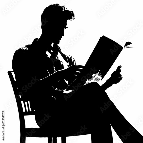 Relaxed Read: A High Contrast Silhouette of a Man Sitting in a Chair and Reading a Newspaper, Backlit to Highlight Minimalist Shadows and a Relaxed Posture