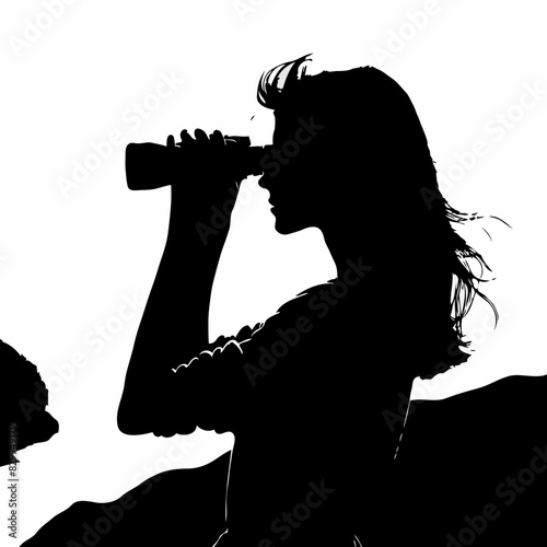 Nature's Gaze: A High Contrast Silhouette of a Woman with Windswept Hair Holding Binoculars, Against a Mountainous Background in Minimalist Black and White