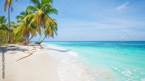 A tranquil beach scene with palm trees swaying in the breeze and turquoise waters  perfect for tropical vacation themes